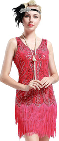 Women'S Flapper Dresses 1920S V Neck Beaded Fringed Great Gatsby Dress Rose Red