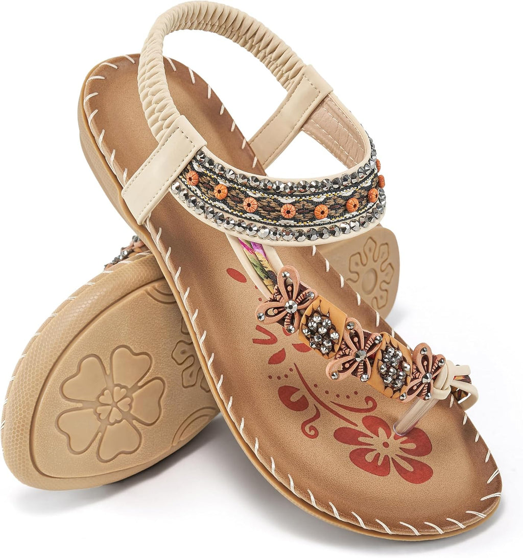 Flat Sandals for Women Summer: Casual Boho Beaded Toe Ring Dress Shoes - Comfortable Vacation Daily Walking Shoes